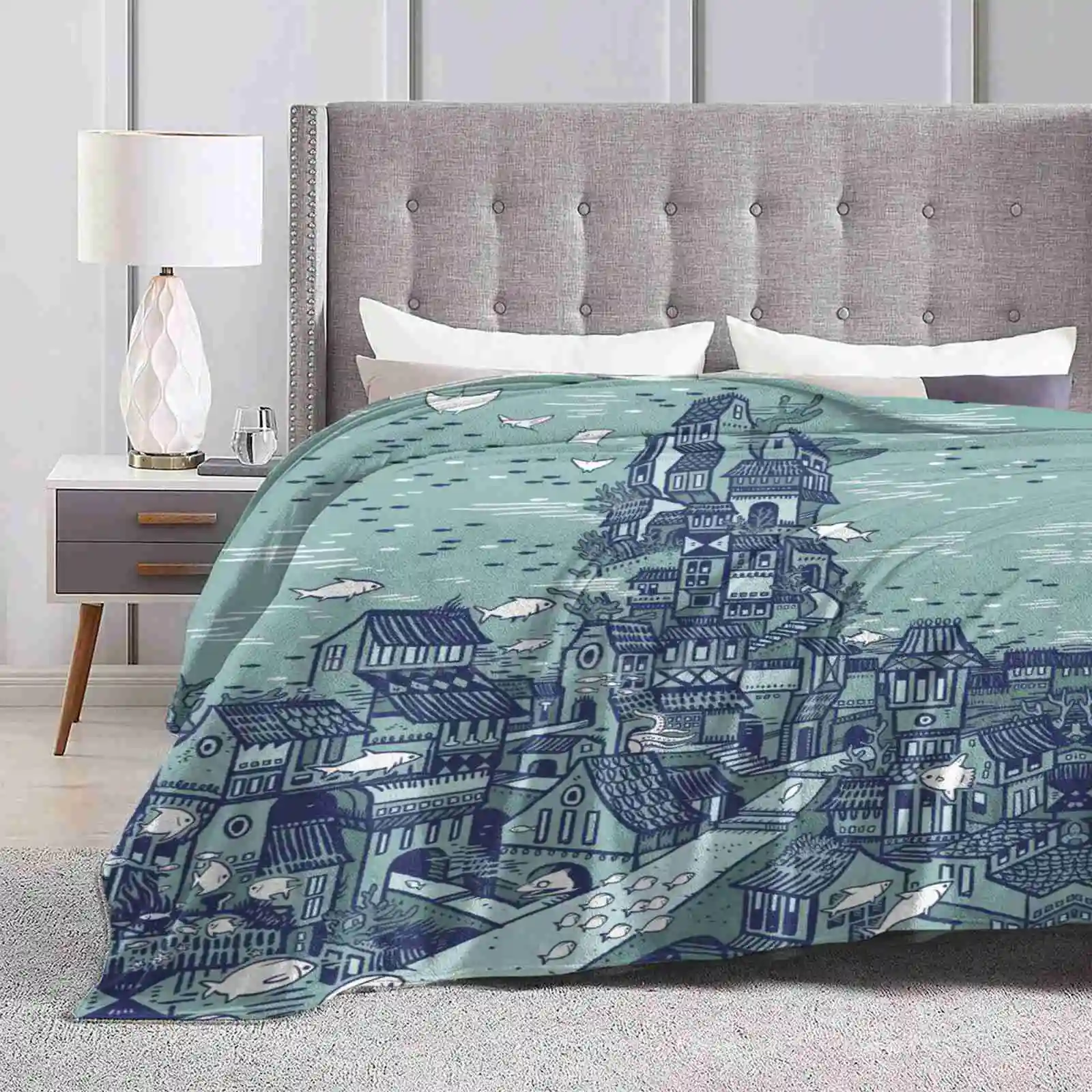 Full Fathom Five Creative Design Light Thin Soft Flanella Coperta Ocean Fish City Underwater Fantasy Tentacoli Di Squalo D'Altura