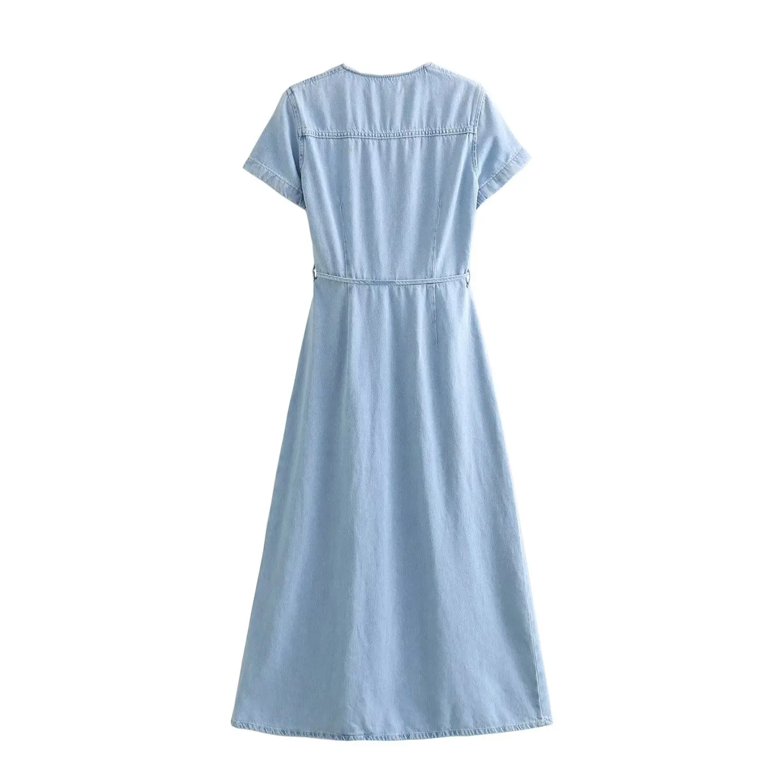 

Dave&Di British Fashion Ladies Denim Midi V Neck Dress Neck Waist Sky Blue Elegant Dress Women
