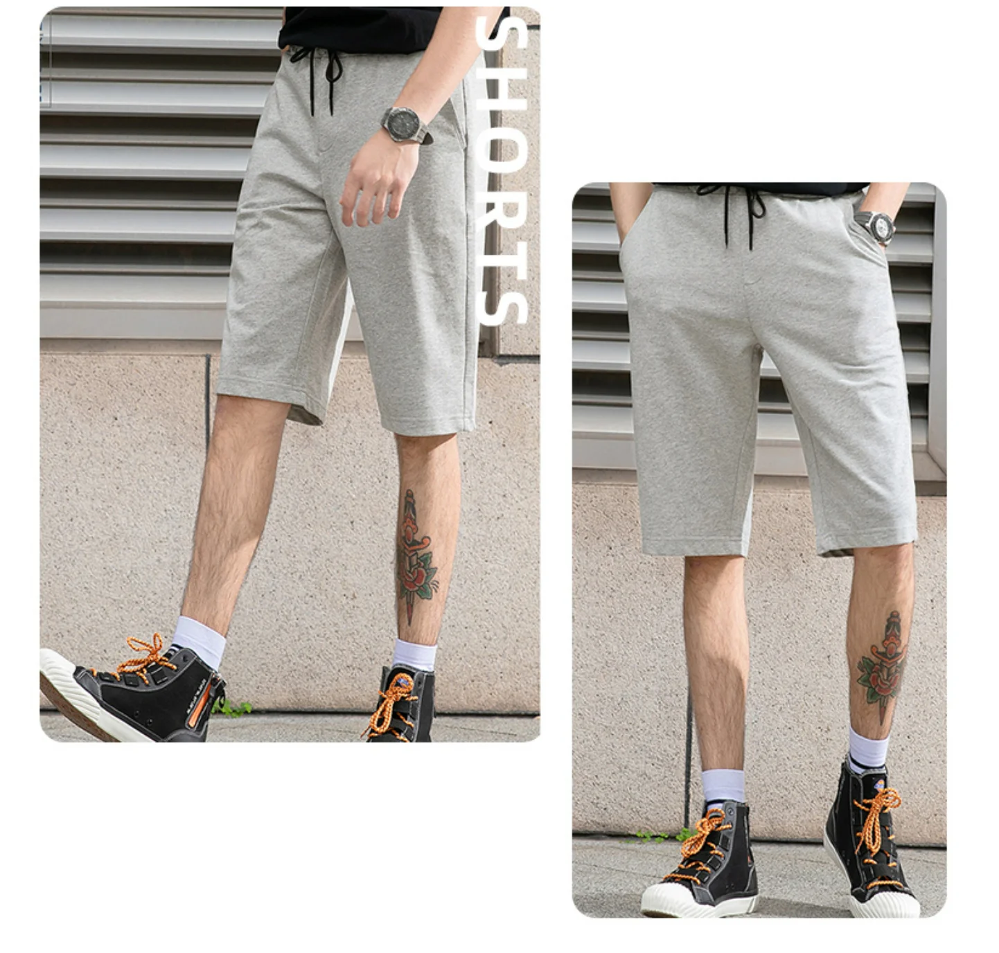 200g Summer Men's 100% Cotton Sports Short Black Elastic Waist Strings Beach Knee Length Trunks Customized Casual Quick Dry Pant 3