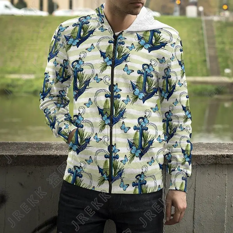 thumbnail image 1 of Sudadera con capucha y cremallera con estampado 3D de ancla náutica mediterránea para hombre, mujer y niño, 1 of 5
