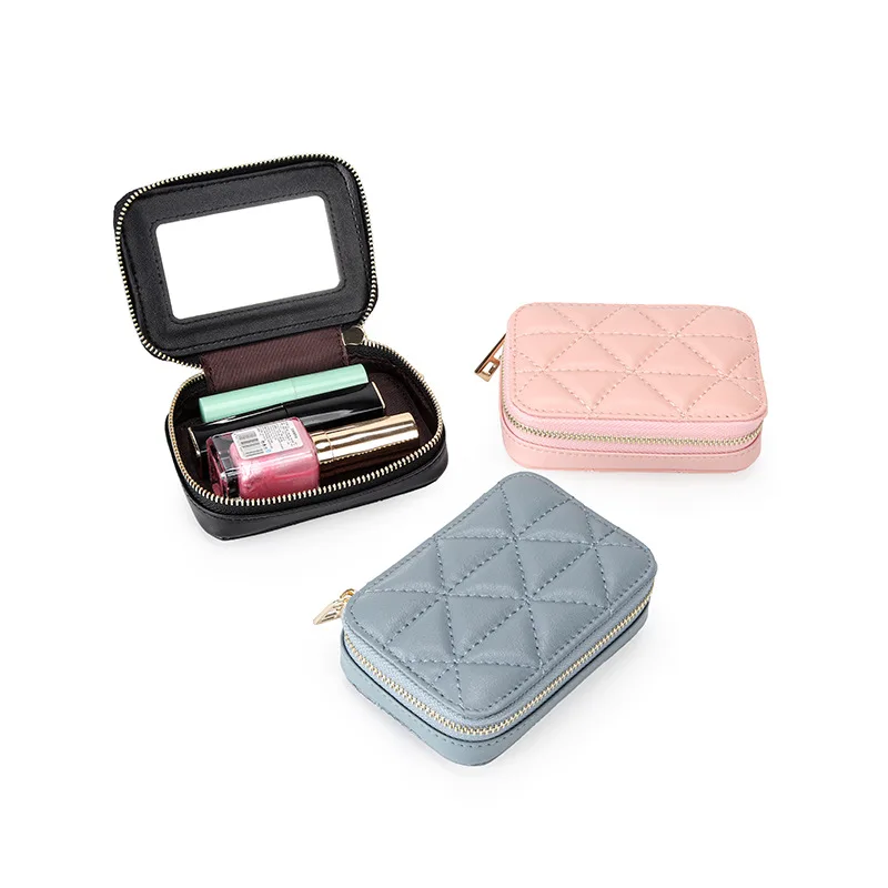 Cream Lipstick Case W-Mirror | Jewelry Box Organizer in Quilted Leather | Leather Coin Purse W-Zipper | Small Makeup Bag| Filinapo