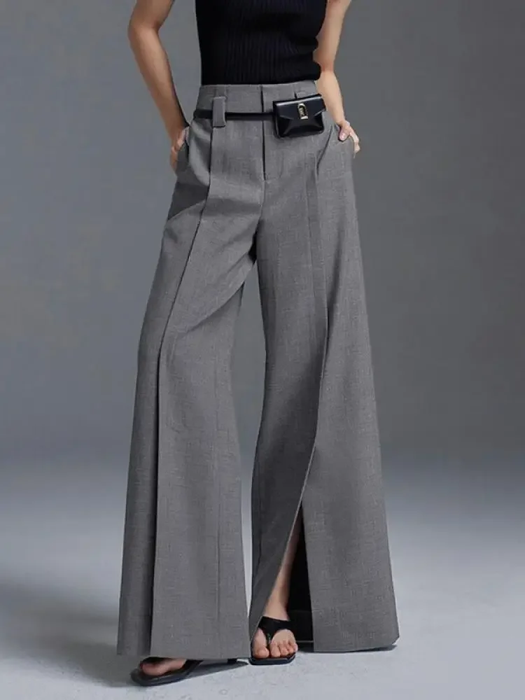 

Freeacy Women's Formal Suit Pants High Waisted Wide Leg Floor-length Split Trousers fo Office Ladies Daily Commuter Bottoms Z311