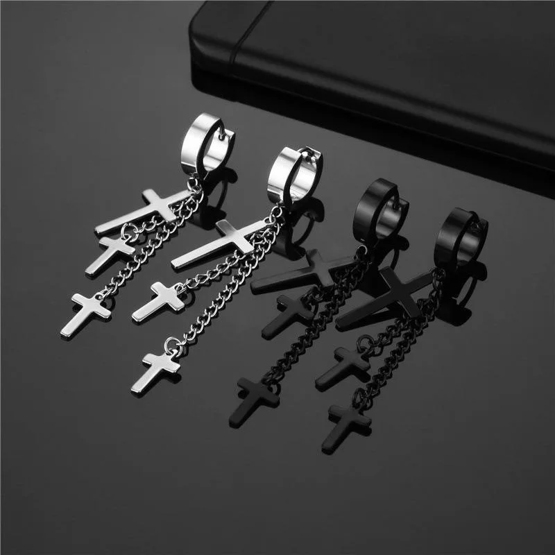 MensBlackCrossChainEarringStainlessSteelMetalPunkDangleEarringsAntiAllergicPierced
