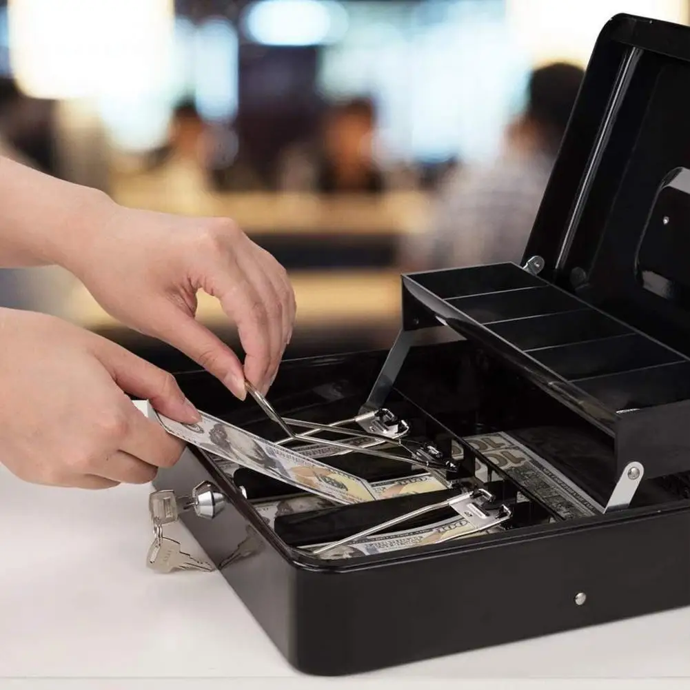 Cash Storage Box Lock 2 Keys Metal Money Box Cash Tray Multi-compartments Portable Safe desktop storage box