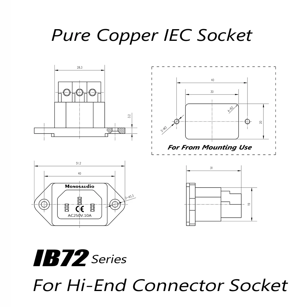 IB72 모노사우디오 인렛 전원 플러그 소켓 IEC 순수 적동 금/로듐 도금 AC 250V 15A 오디오 장비용 커넥터 소켓