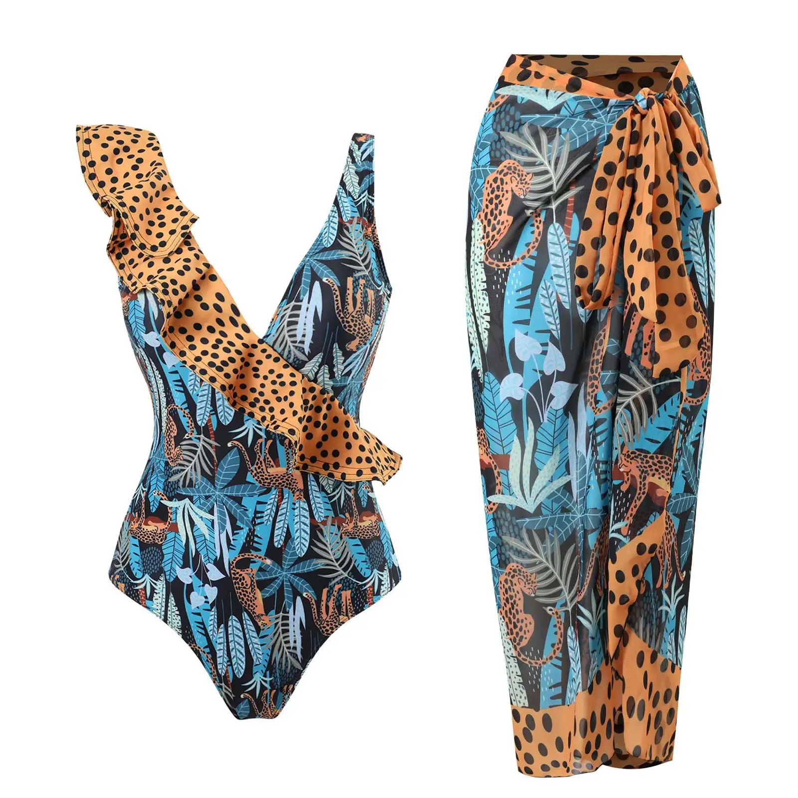 

Fashion Exotic Print One Piece Ruffle Slim Bikini String Sling Swimsuit Ladies Lace Up Cover Up Elegant Beachwear Gather Chic