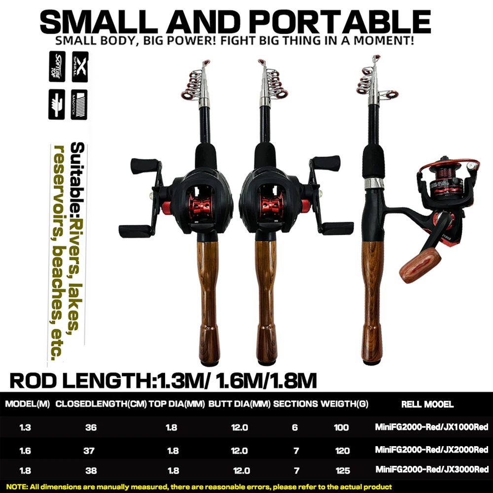 Carretel De Pesca De Fibra De Carbono, Kit de Combinação Telescópica, Carretel Giratório, Alta Velocidade, Ultra Leve, Carretel de Baixo de Água Doce, 1,3 m, 1,6 m, 1,8 m