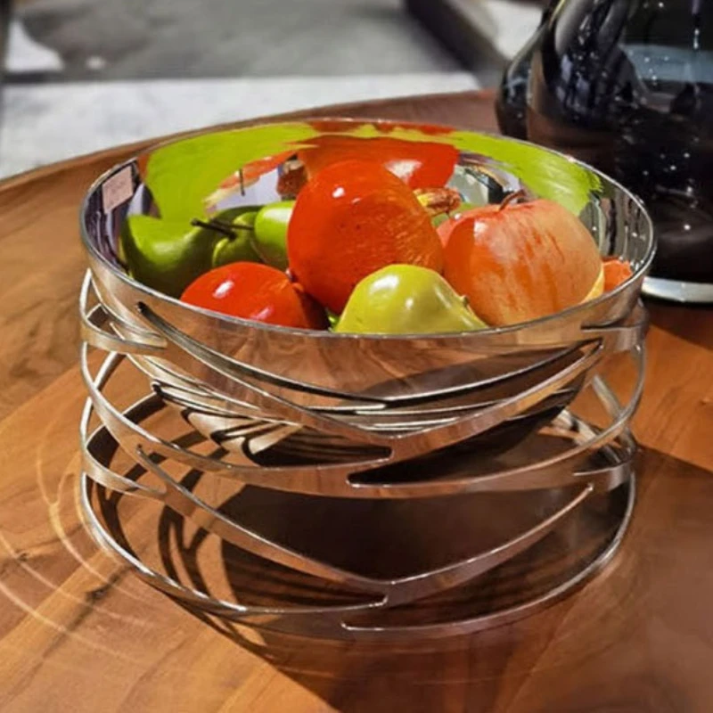 Modern Hollow Stainless Steel Round Fruit Plate Household Living Room Table Storage Plate Desktop Decorative Tray Ornament