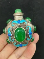 China old Tibetan folk silver inlaid with greenstone jade snuff bottle 1