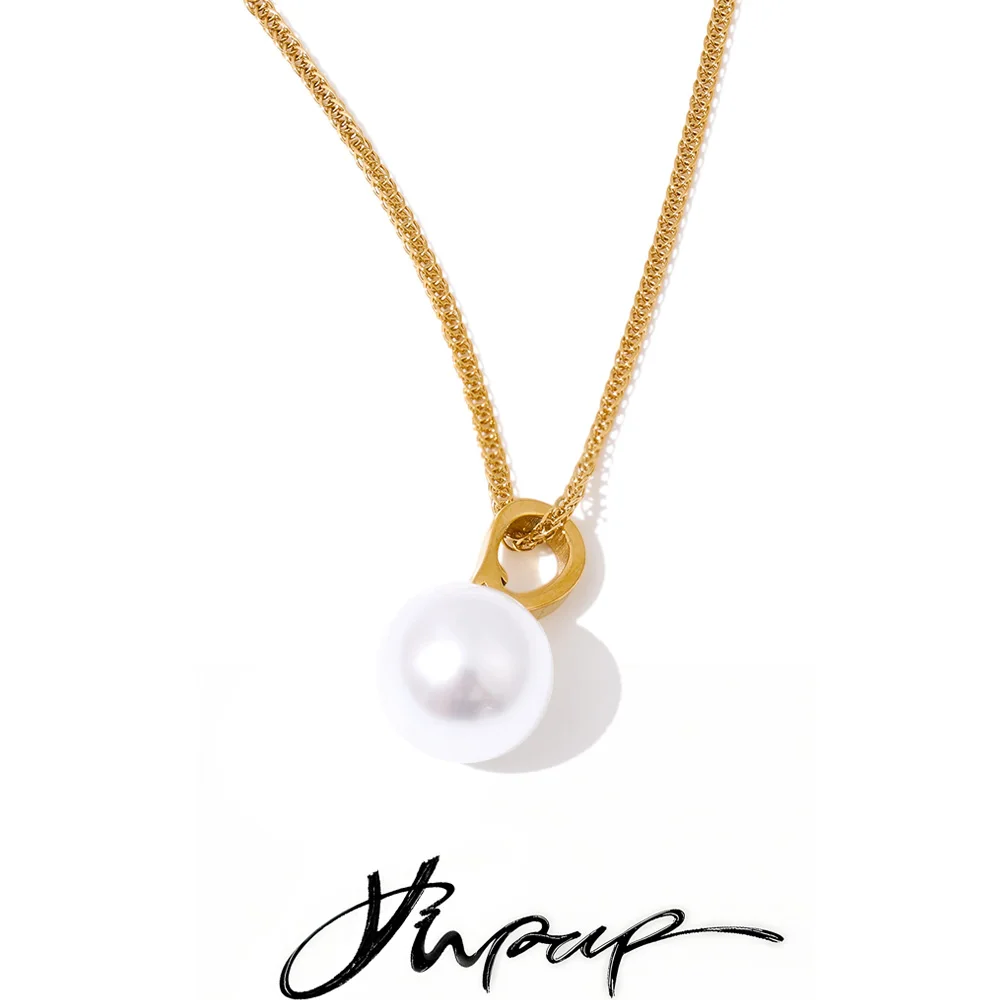 Yhpup Necklace Simulated Pearls Round Pendant PVD Plated for Women