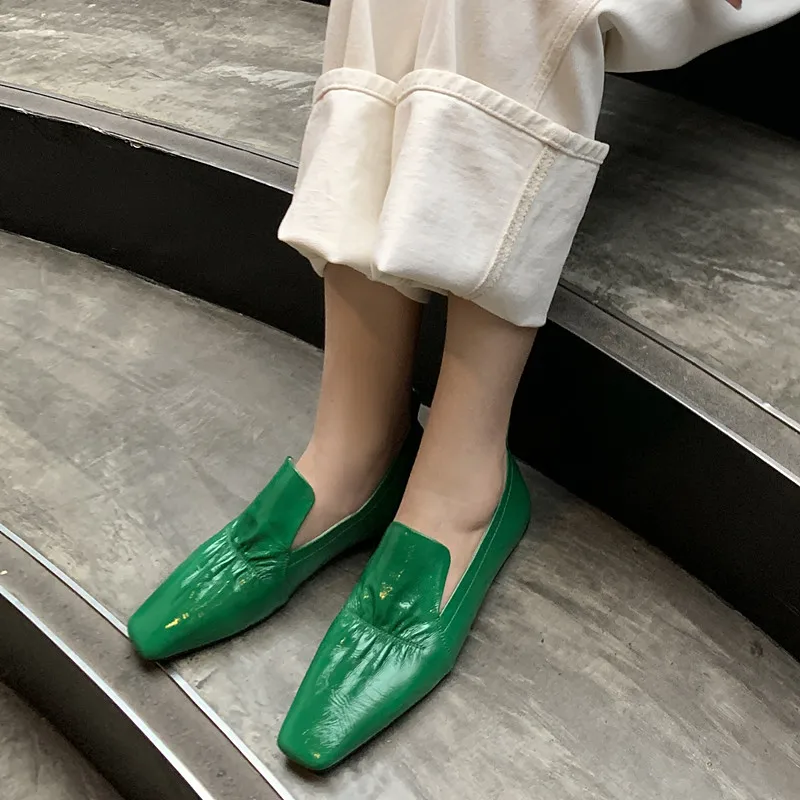 Zapatos con punta cuadrada para mujer, mocasines de piel de vaca, sin cordones, Color verde, Primavera| | - AliExpress