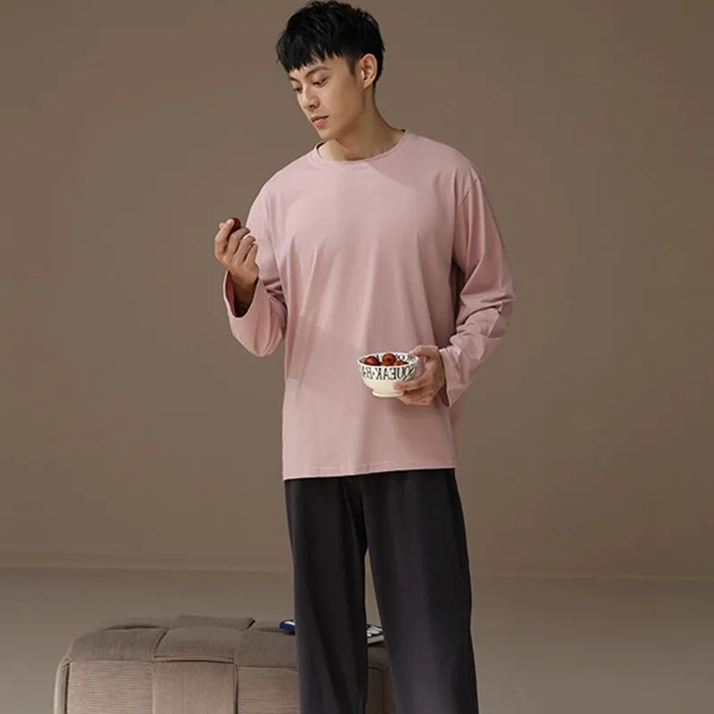 2024 Latest Men Cotton Pajamas Set Spring Autumn Round Neck Nightdress Long Sleeve Youth Sleepwear Casual Solid Color Pyjamas