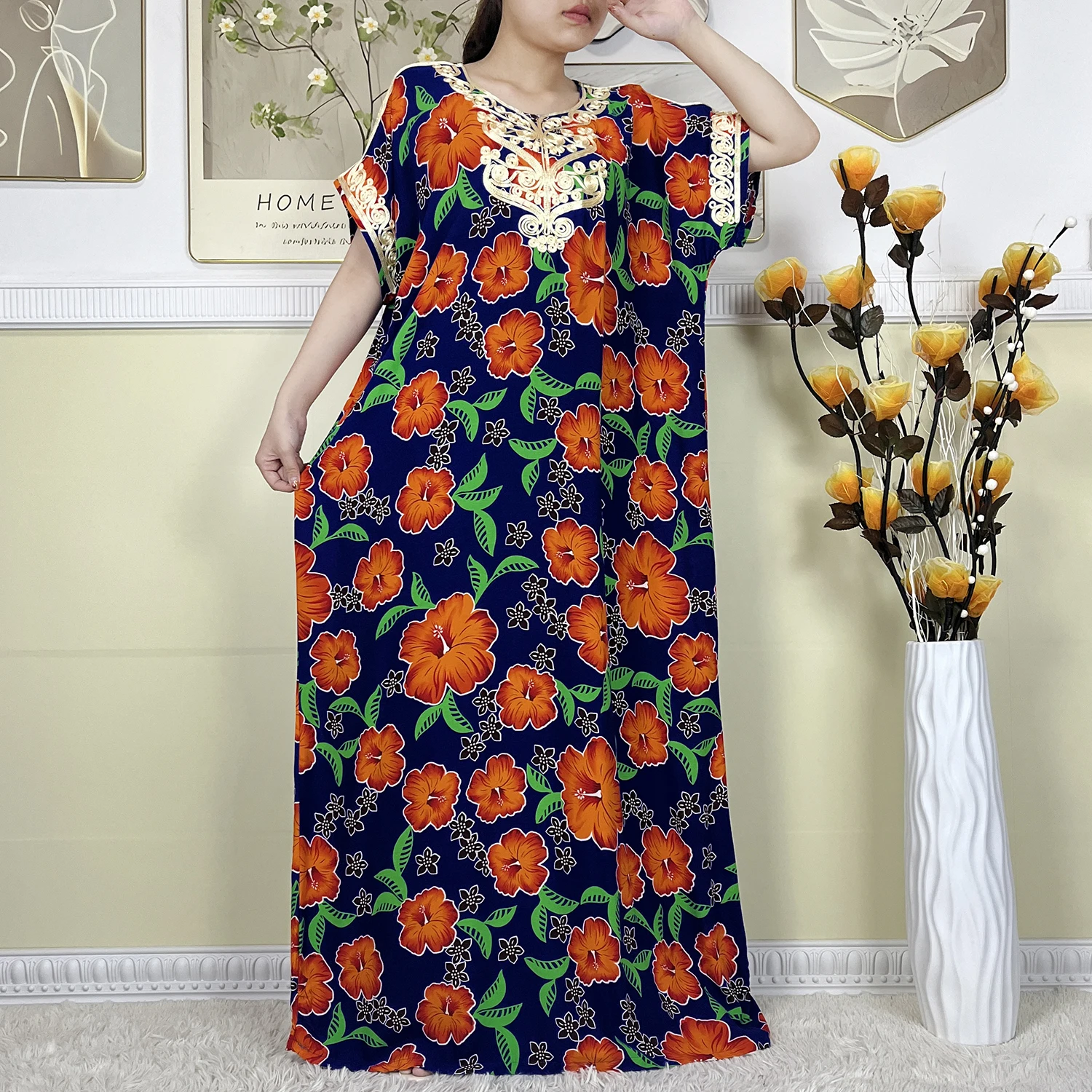 New Summer African Abayas For Women Dashiki Short Sleeves Dress Printed Cotton Floral Loose Robe Kaftan Women's Islam Clothing