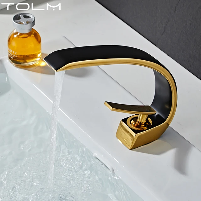 ก๊อกน้ำอ่างล้างหน้าแบบติดตั้งบนเคาน์เตอร์ TOLM สีดำ ทอง ขาว ทองเหลือง ดีไซน์ศิลปะ สำหรับอ่างล้างหน้าแบบวางบนเคาน์เตอร์ ก๊อกน้ำแบบก้านโยกเดี่ยว น้ำร้อนน้ำเย็น 2