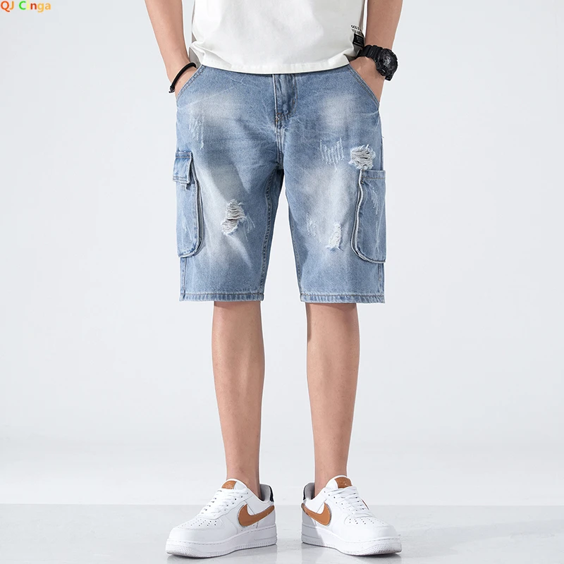 

Work Style Jeans Shorts Men's Fashion Casual Blue Denim Shorts Multi-pocket Hole Decoration Plus Size28-36 38 40 42