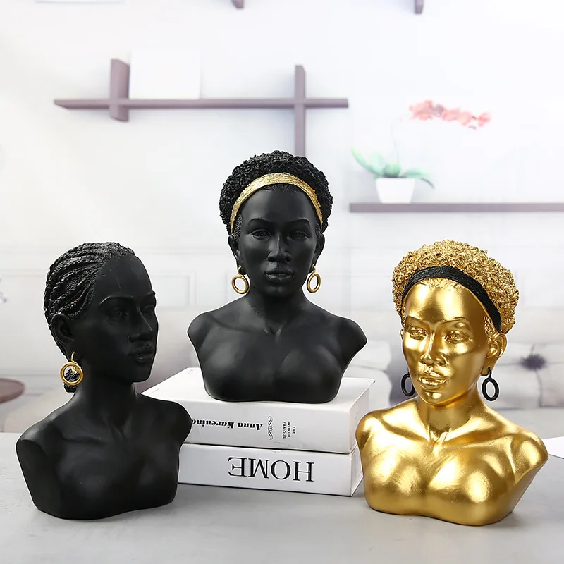 

Creative African Black Girl Head Portrait Decoration Ethnic Female Sculpture Resin Crafts Jewelry Display Decoration