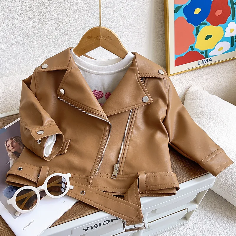 

2023 New Arrivals Spring Autumn Children Long Sleeve Turn-down Collar PU Leather Brown Child Boys Clothes Overcoat 12M-5T