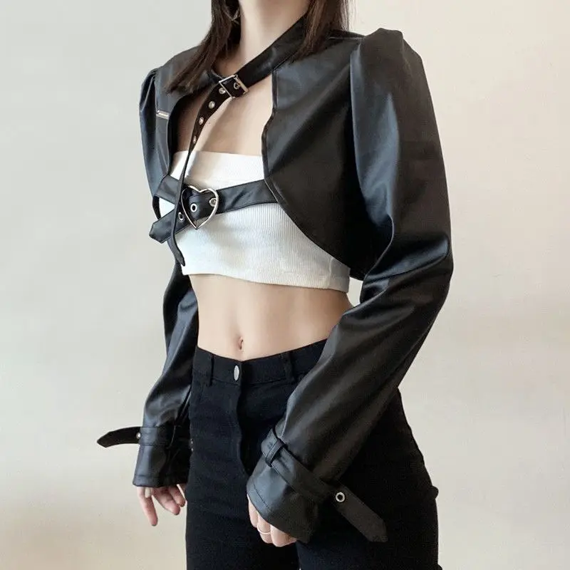 PU Leather Jacket One Shoulder Removable Metal Buckle Hip Hop Outfits Streetwear Cropped Jackets Solid Coat Gothic Black Women
