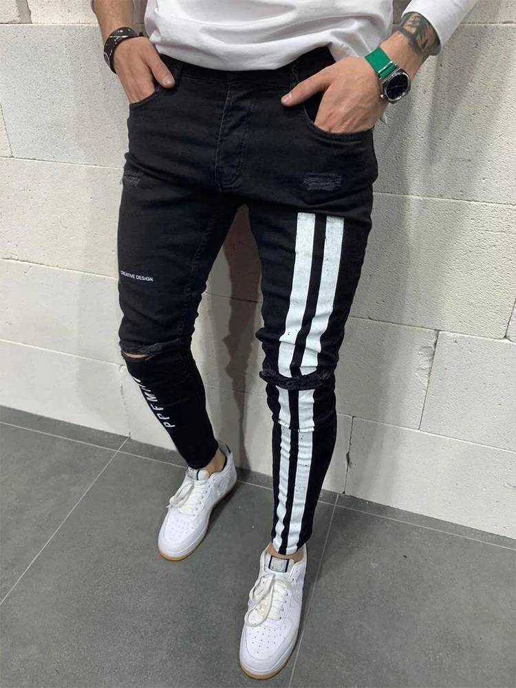 Jeans Men Elastic Waist Ripped Skinny Jean Men Jeans Skinny Printed Stretch Denim Pants for Daily Wear Trousers