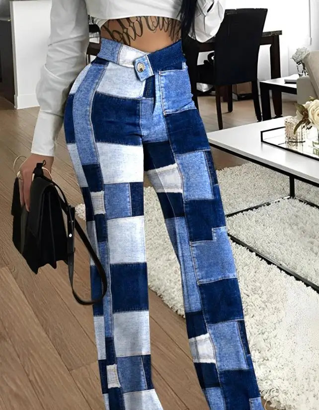 Women Elegant Summer Denim Look Print Overlap Waist Work Pants Casual Fashion Trousers Female Joggers Streetwear 2023 Clothes