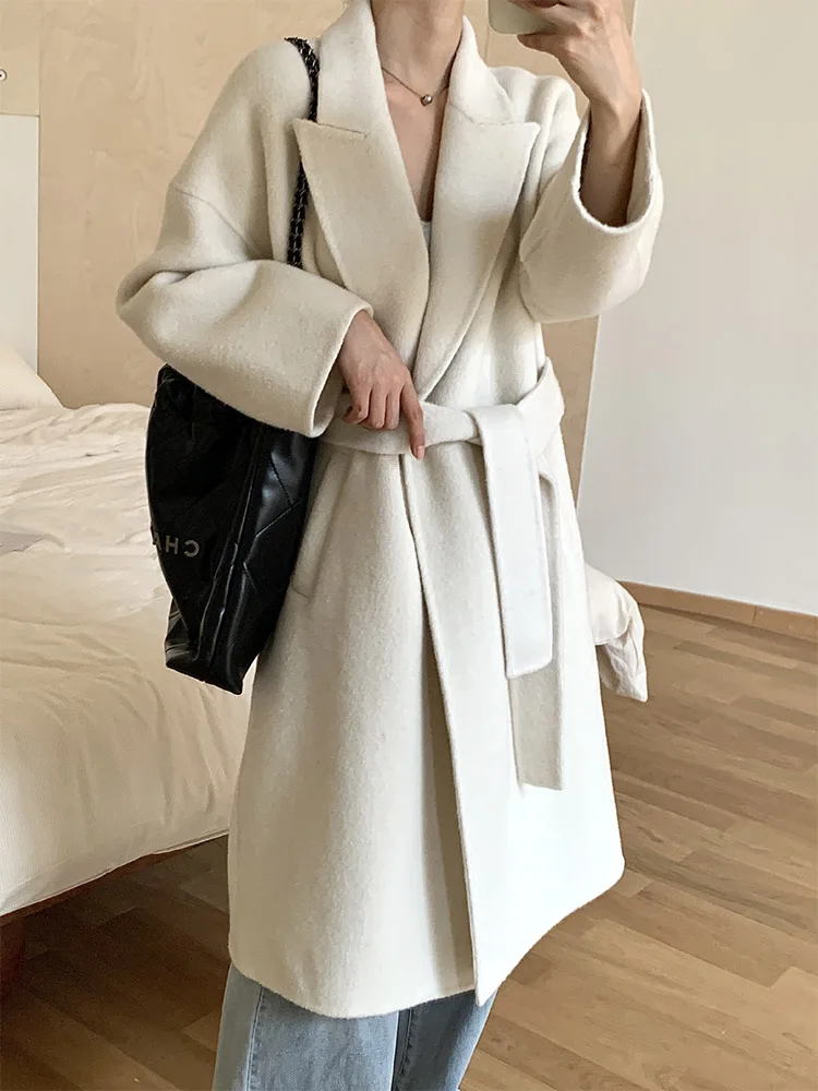 

2023 New Simple Women Loose Double-sided Woolen Loose Fashion Long Lapel All-match Warm Wool Jacket Lace-up Outerwear Autumn Win