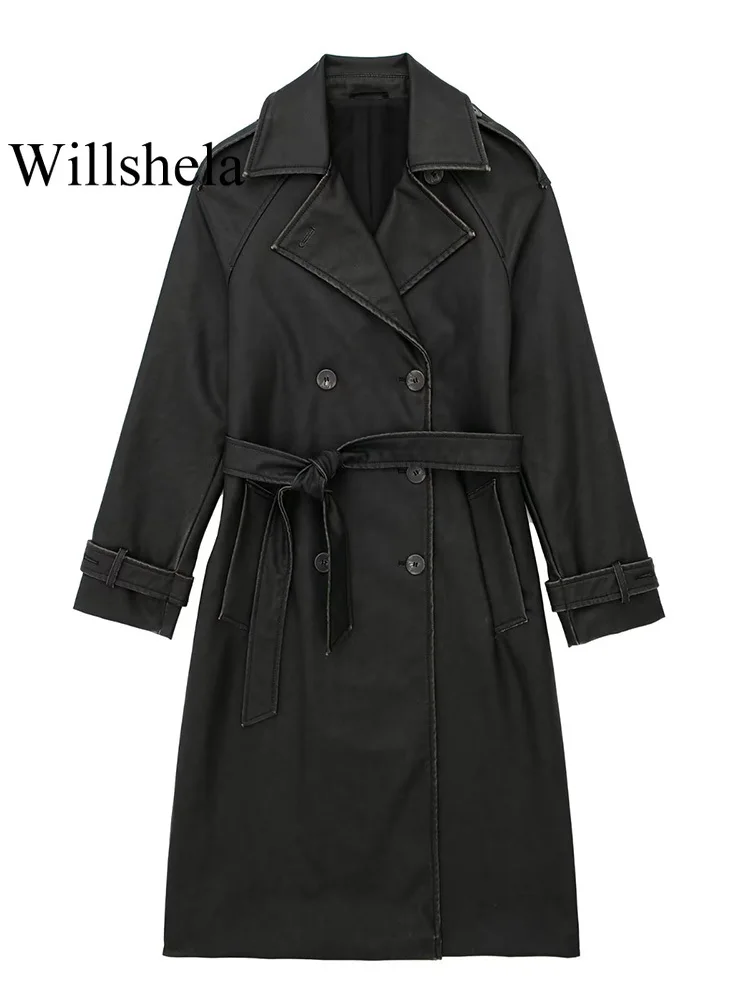 

Willshela Women Fashion With Belt PU Black Double Breasted Trench Vintage Lapel Neck Long Sleeves Female Chic Lady Outfits