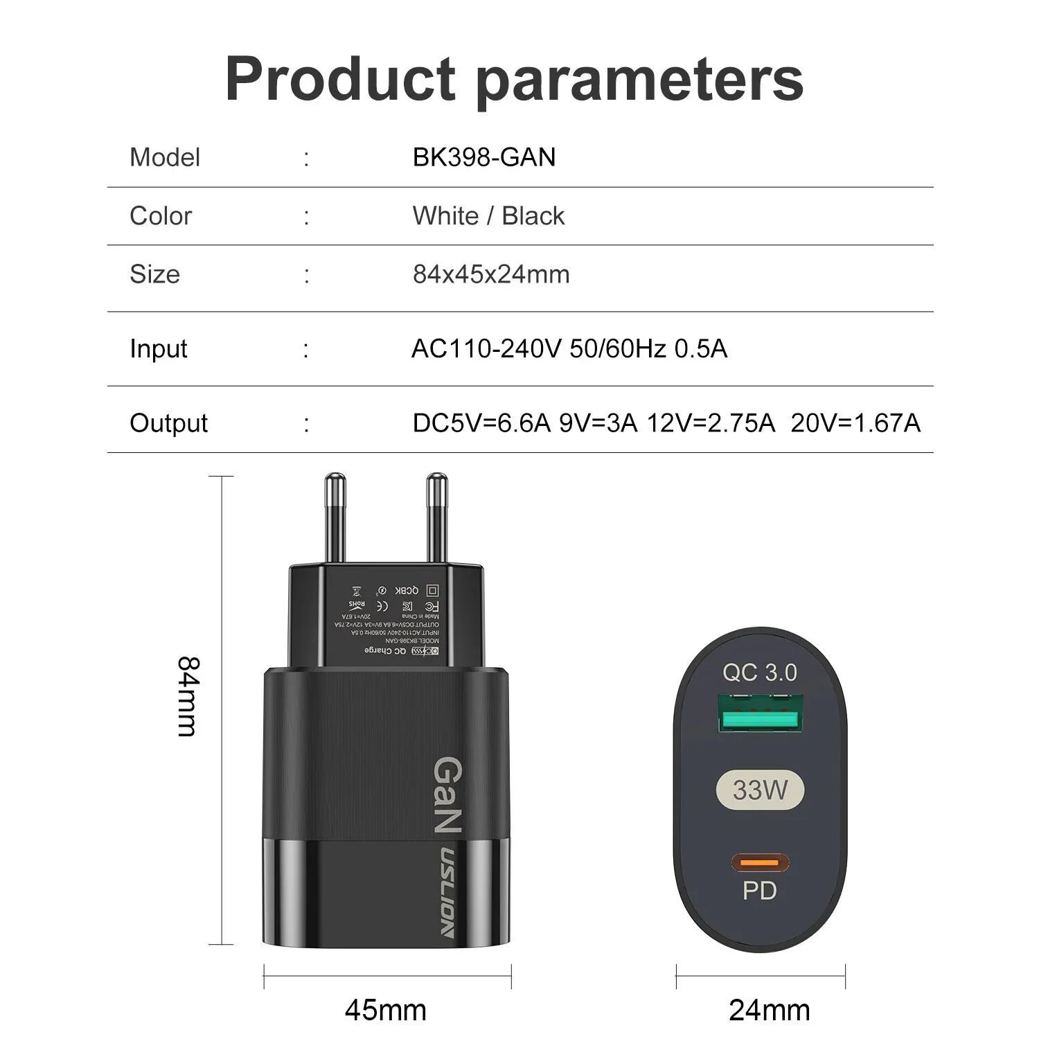 USLION GaN PD USB C 충전기, 아이폰 14, 13, 12 프로 맥스, 휴대폰 충전기, QC 3.0 PD 3.0, 아이패드 에어용, USB C 타입 고속 충전, 33W