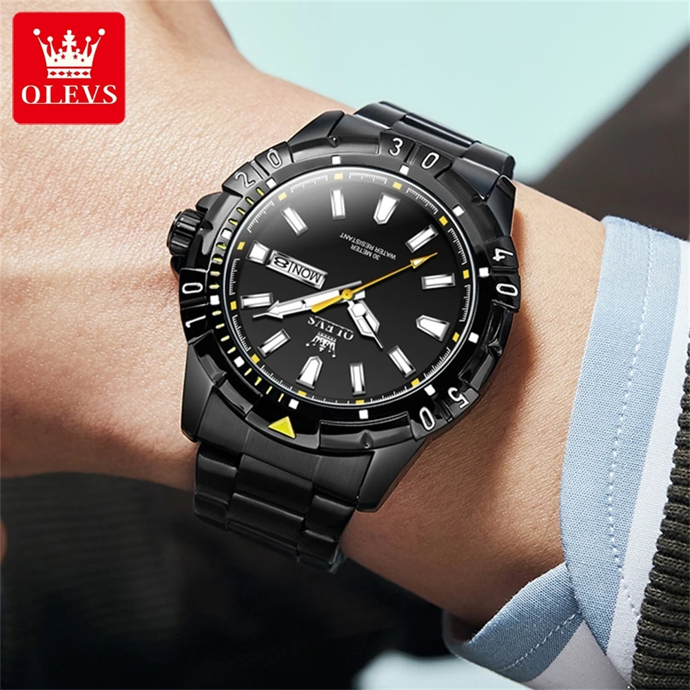 OLEVS Classic Black Quartz Watch for Men Stainless Steel Sports Waterproof Luminous Week Date Mens Watches Relogio Masculino