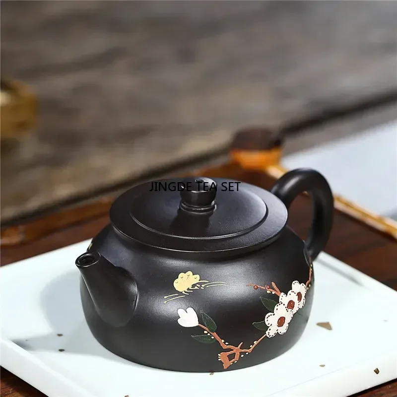 200ml Yixing purple clay teapot original ore black mud flower pattern beauty pot Kung Fu tea set