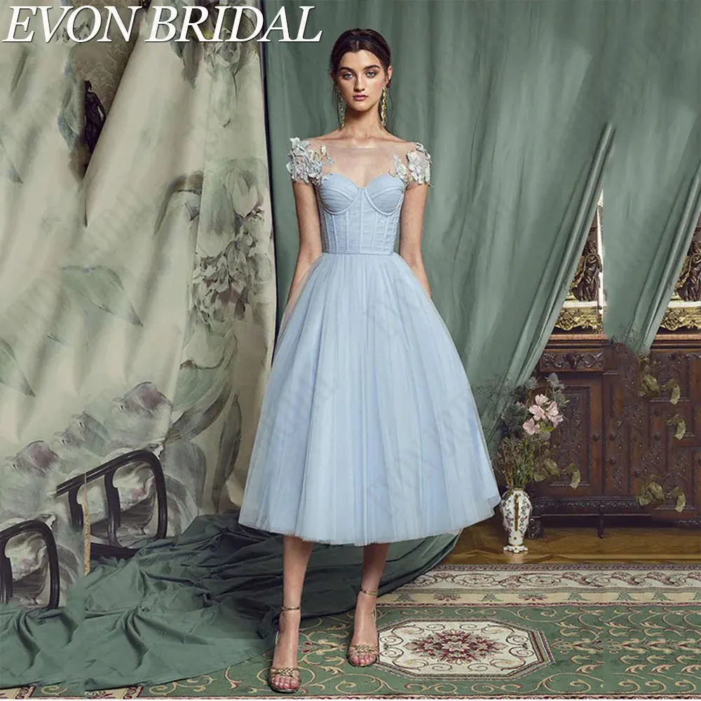 

EVON BRIDAL Elegant Sky Blue Tulle Party Dress Princess Backless Scoop Neck Evening Gown Tea Length Lace-Up Robes De Soirée 2024