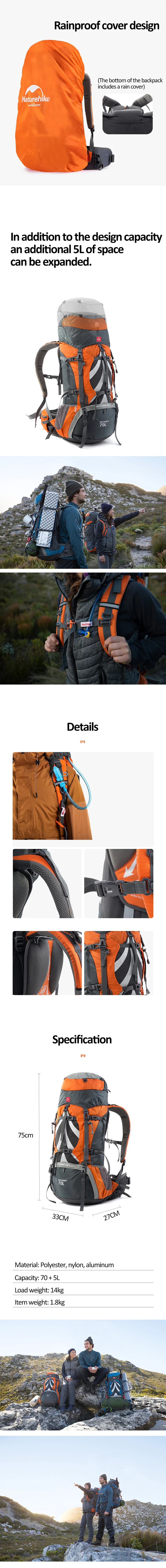 Description Picture 3 of itemNaturehike 70L Big Capacity Outdoor Climbing Backpack Bag Camping Hiking Backpacks Professional Outdoor Backpack