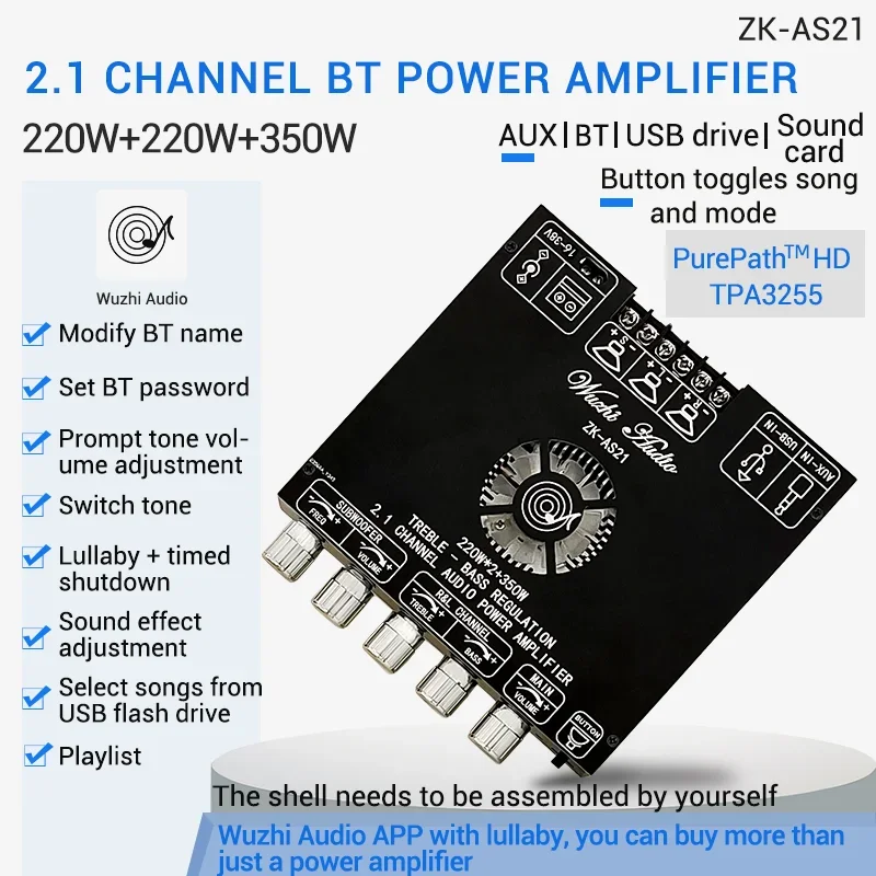 

ZK-AS21 2.1 Channel TPA3255 Bluetooth Digital Power Amplifier Board Module High And Low Tone Subwoofer 220WX2+350W NEW