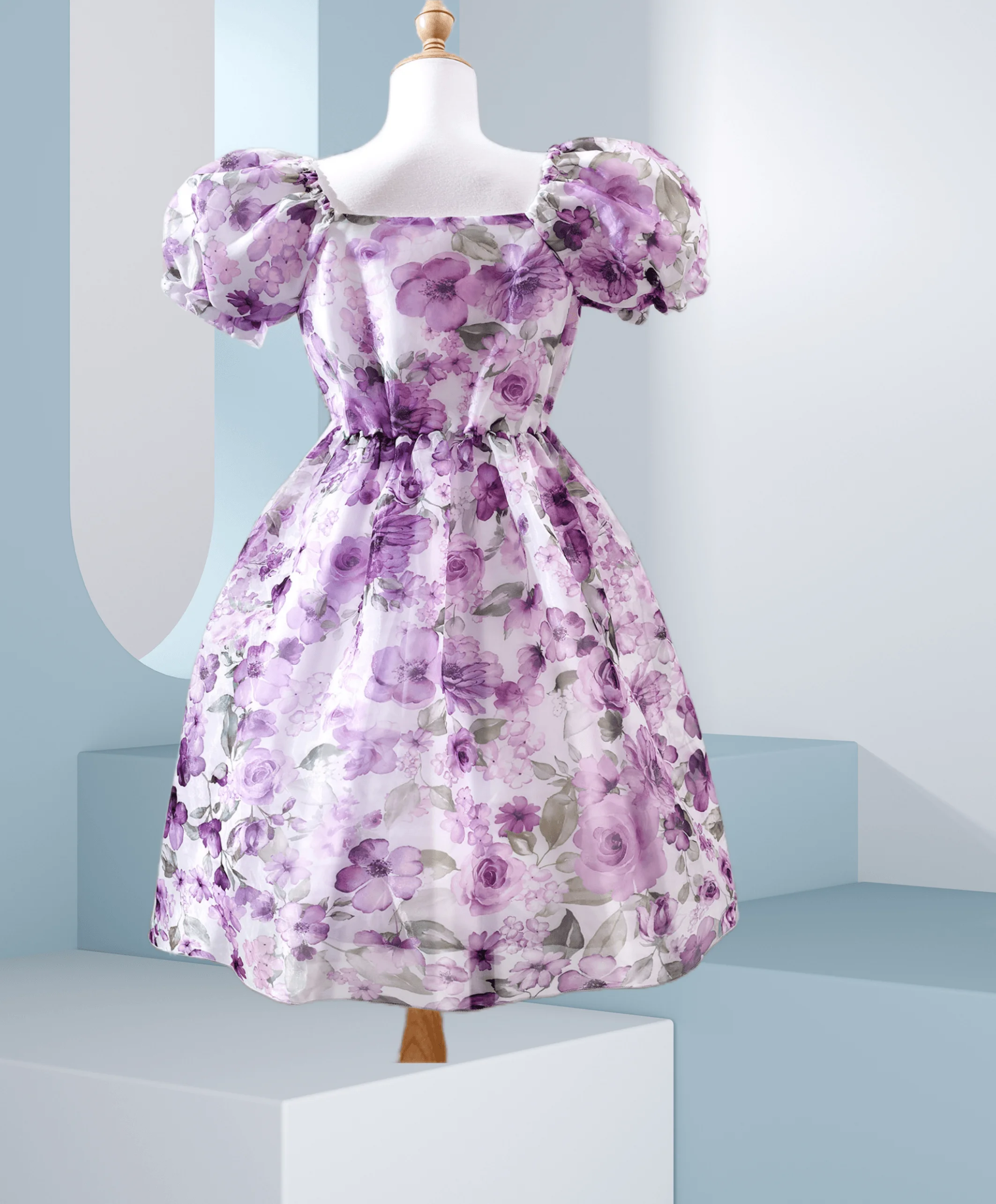 Enchanting Purple Floral Dress for Girls - Puff Sleeves & Waist-Hugging Silhouette