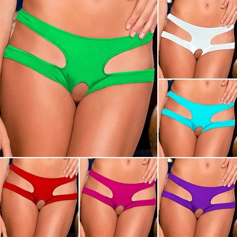 Ladies Sexy Plus Size Fitted Lingerie Open Crotch Boxer Briefs Solid Colour Cut Out Panties