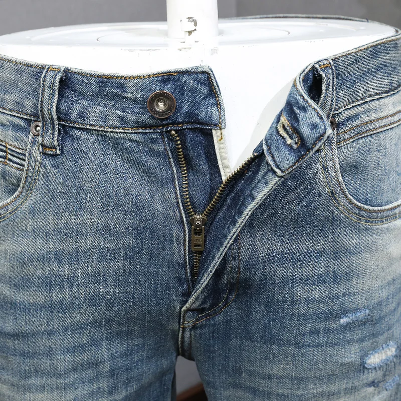 Fashion Designer Men Jeans High Quality Retro Washed Blue Stretch Slim Fit Ripped Jeans Men Patched Vintage Denim Pants Hombre