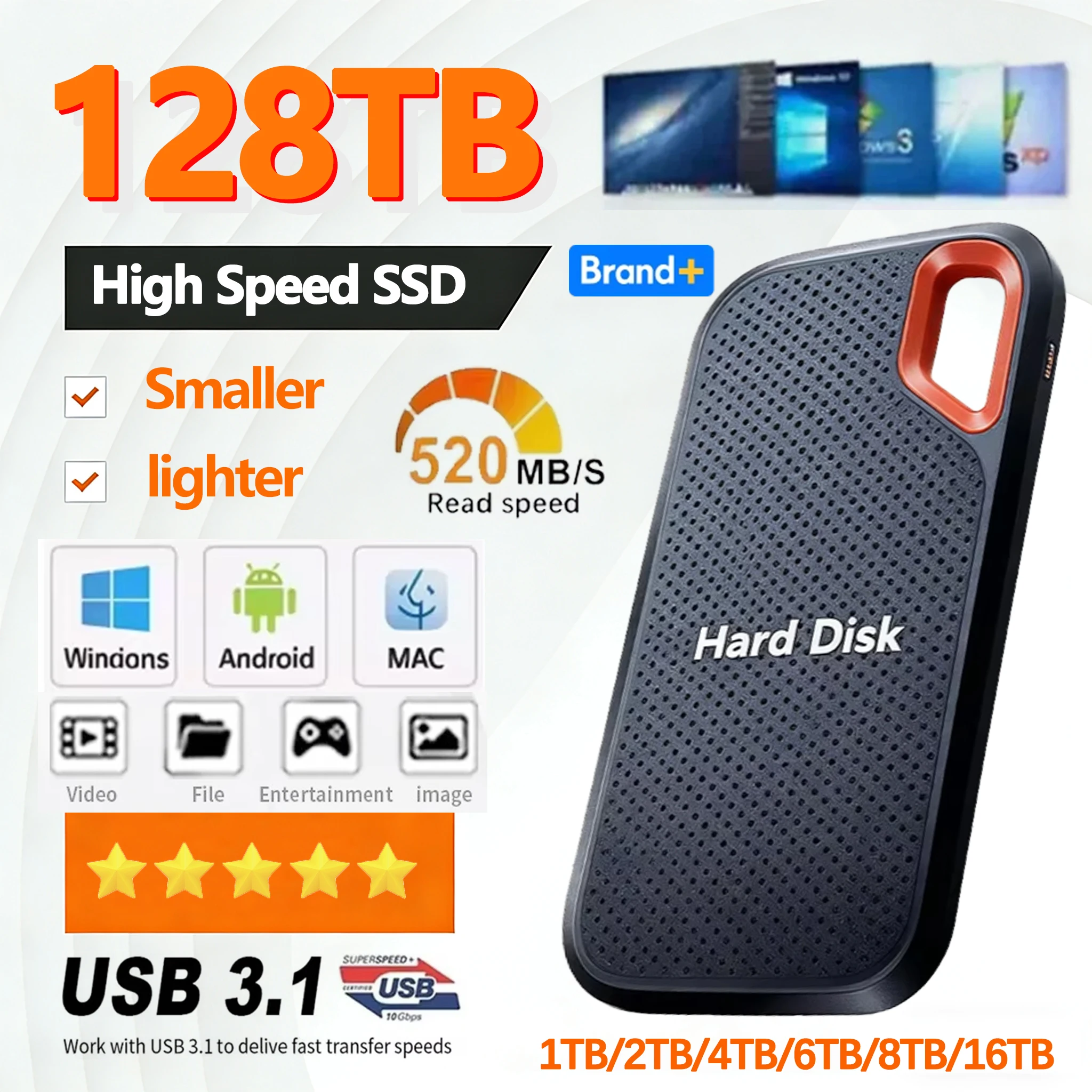 ไดรฟ์โซลิดสเตตภายนอกความเร็วสูง 1TB แบบพกพา SSD ฮาร์ดไดรฟ์ภายนอก 128TB ฮาร์ดดิสก์ภายนอก สำหรับแล็ปท็อป แมค พีซี 1