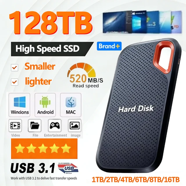 ไดรฟ์โซลิดสเตตภายนอกความเร็วสูง 1TB แบบพกพา SSD ฮาร์ดไดรฟ์ภายนอก 128TB ฮาร์ดดิสก์ภายนอก สำหรับแล็ปท็อป แมค พีซี 1