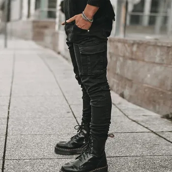 Street Elastic Jeans Men Denim Cargo Pants Wash Solid Color Multi Pockets Casual Mid Waist Trousers Slim Fit Daily Wear Joggers 5