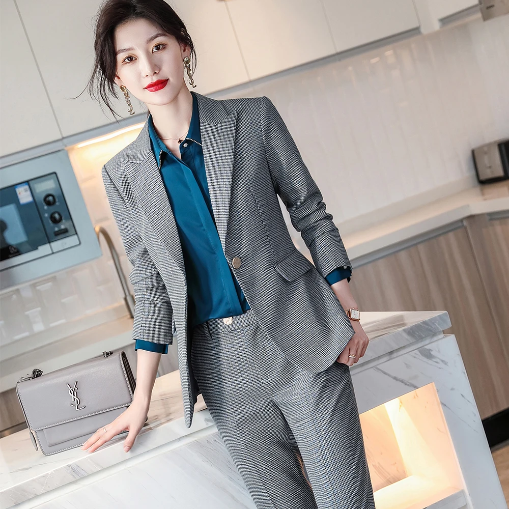 High Quality Ladies Women Winter Gray Plaid Pant Suit for Office Business Work Female Two Piece Set Blazer and Trousers