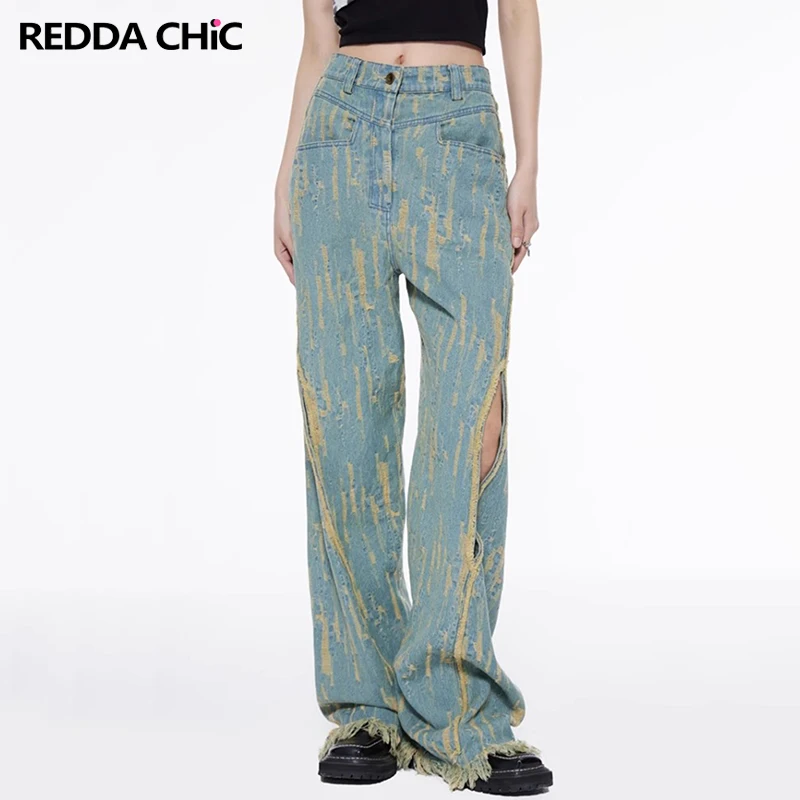 

ReddaChic 90s Vintage Destroyed Baggy Jeans Women Wide Leg Pants Raw Edge Ripped Frayed Trousers Y2k Aesthetic Grunge Clothes
