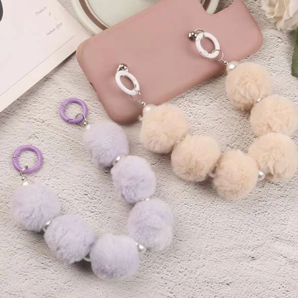 Colorful Hairball Phone Strap Wrist Strap Sweet Plush Anti Lose Sling Bag Pendant Chain  With Imitate Pearl Mobile Phone Lanyard