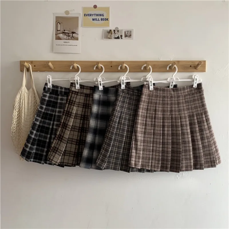 Korean Style Plaid Pleated Skirt Female Spring and Autumn High Waist Thin A-line Short Skirt Student Woolen 2022 NewSummer Skirt