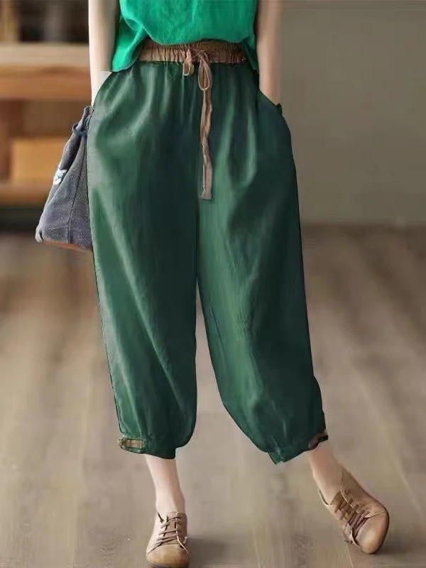 Vintage Green Home Capri Pants for Women 2024 Autumn Lace Up Soft Cotton  Bloomers Baggy Harem Trousers Loose Women's Joggers