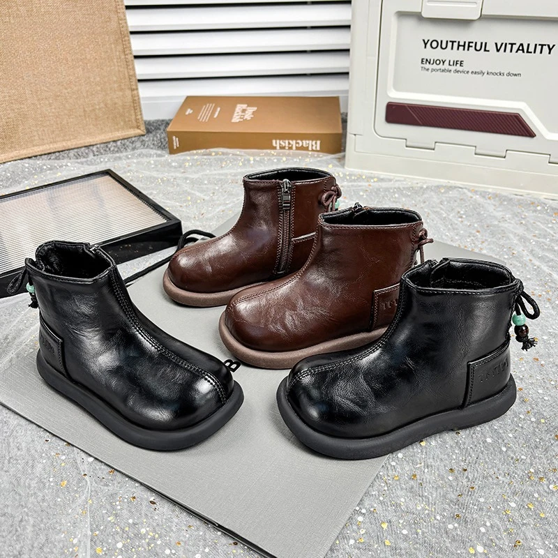 Leather Ankle Boots for Girls with Beaded Bow Non Slip