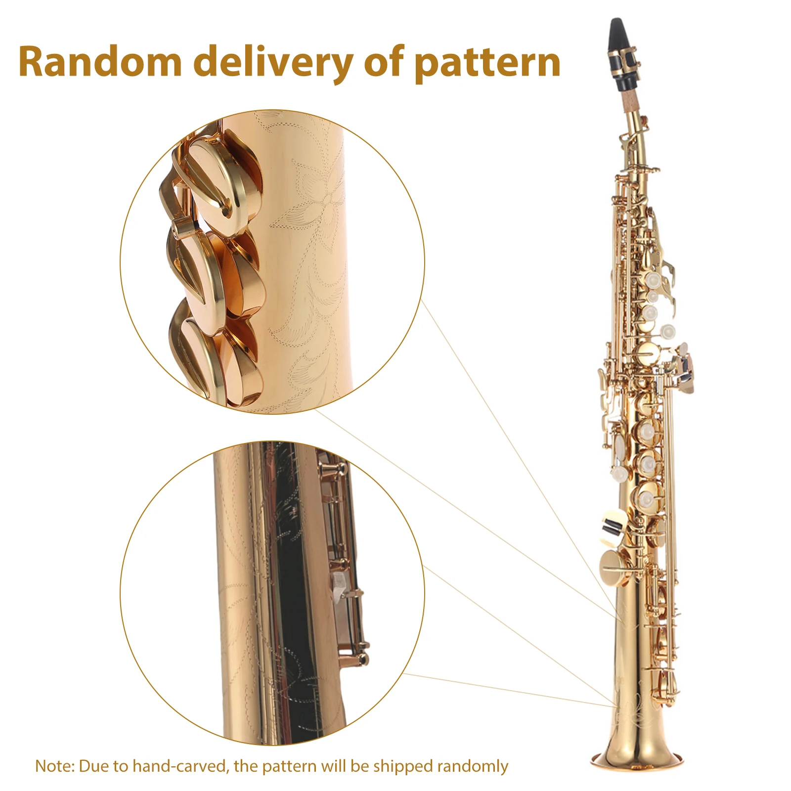 Saxophone Musical Instrument Brass Straight Soprano Bb BFlat Woodwind Natural Shell Key Carve Pattern Carrying Case Sax Accessories