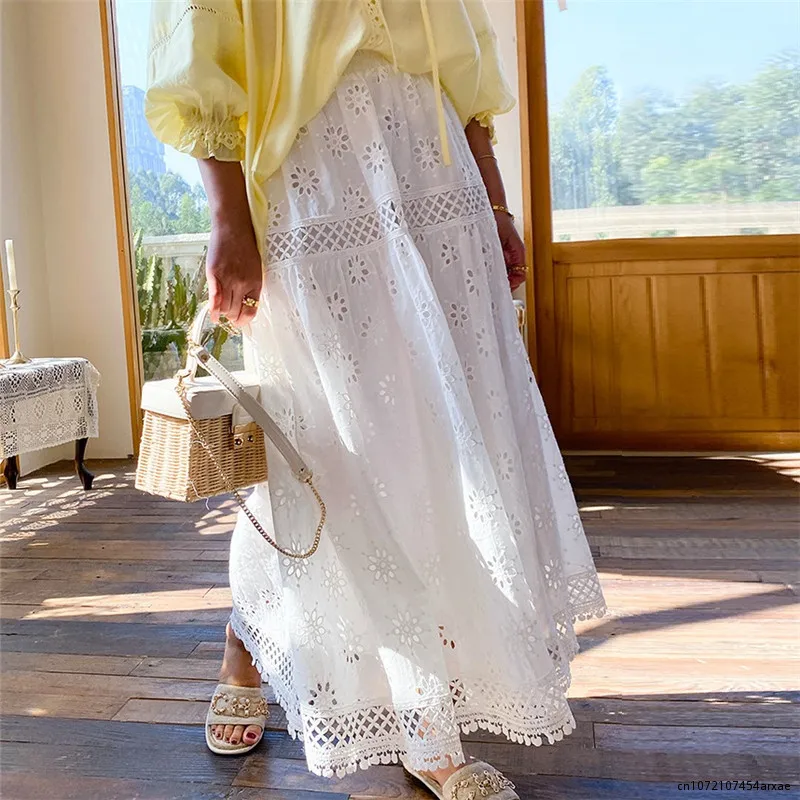 

Summer Boho Embroidery Hollow Out Lace Long Skirt Women High Wasit Pleated Vintage Female 2023 Cotton All Match Skirts
