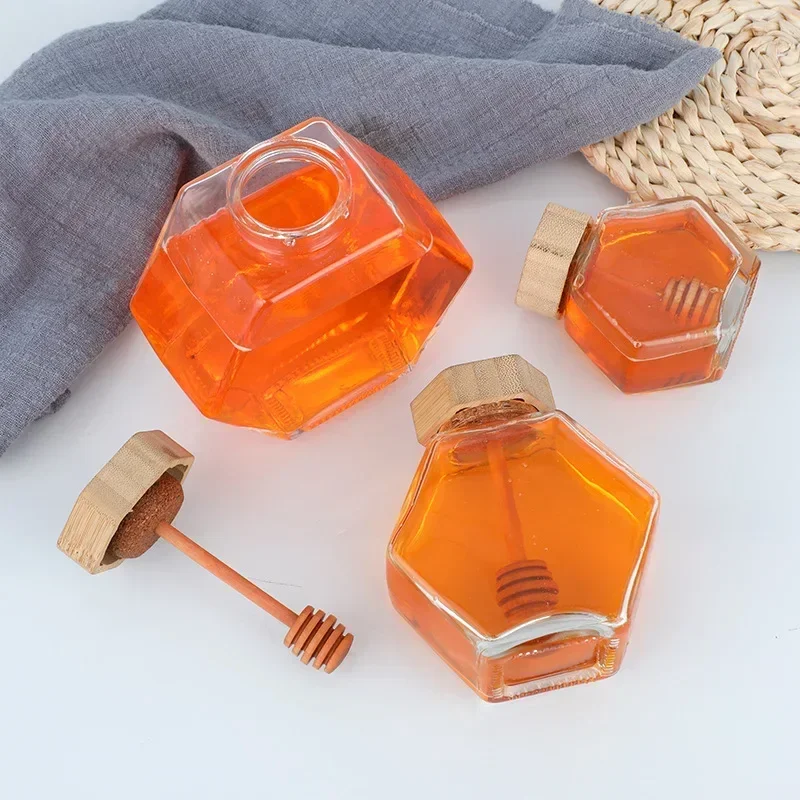 100ml/380ml Bamboo Wood Cover Hexagonal Glass Jar with  Stirring Dipper Hexagon Honey Container 100ml Iron Cap Storage Bottle 4