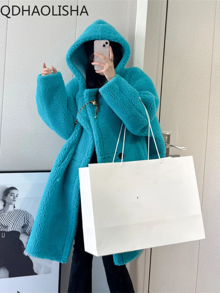 

Winter Women Coat Warm 2023 New in Thicken Hooded Fur One Piece Coat Pocket Solid Color Mid Length Elegant Women Warm Clothes