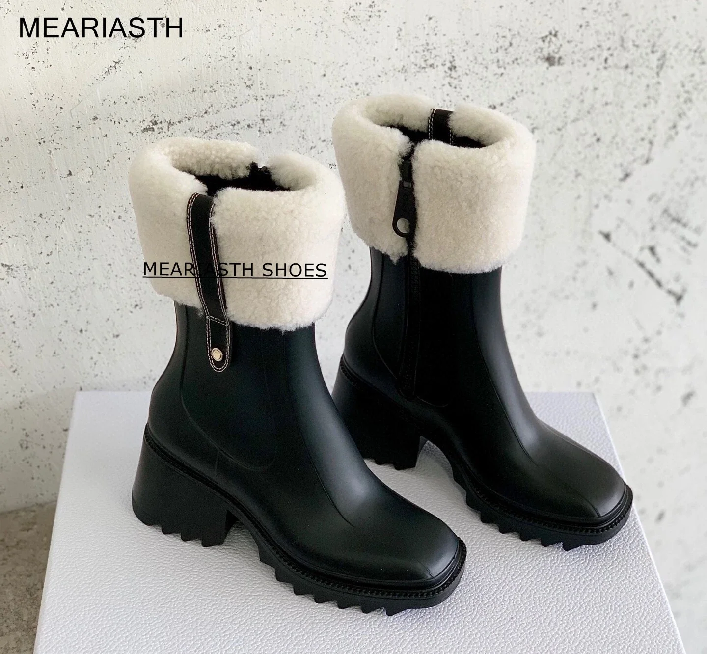 

2022 Square Toe Rain Boots For Women PVC Chunky Heel Thick Sole Ankle Boots New Ladies Winter Plush Shoes Designer Chelsea Boots