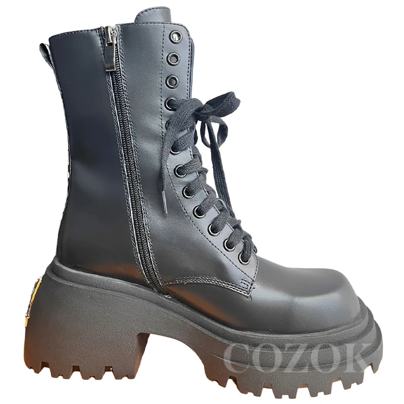 

New Short Boots 2023 Autumn Genuine Leather Material Round Toe Platform Ladies Boots Zipper Decor Wear Resistant Female Shoes